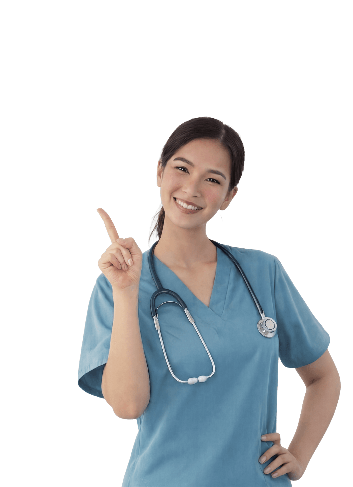 Filipino nurse smiling and pointing up, ready to support your PNLE journey